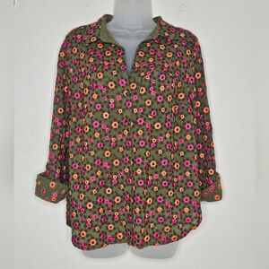 Maeve Anthropologie Boho Embroidered Ditsy Floral Long Sleeve Button Front Plus